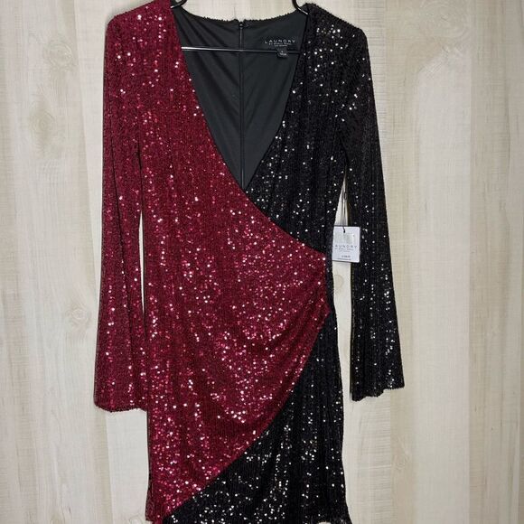 New with tags Laundry by Shelli Segal red black sequin long sleeve dress, sz 6 - Picture 2 of 15